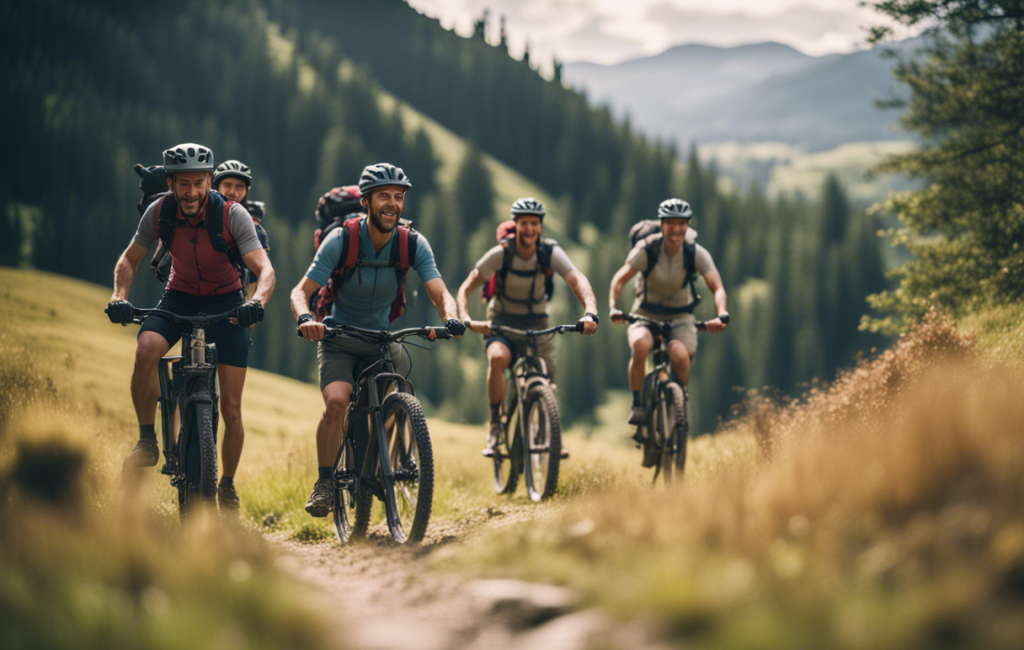 Un groupe joyeux de randonneurs et vététistes en pleine nature