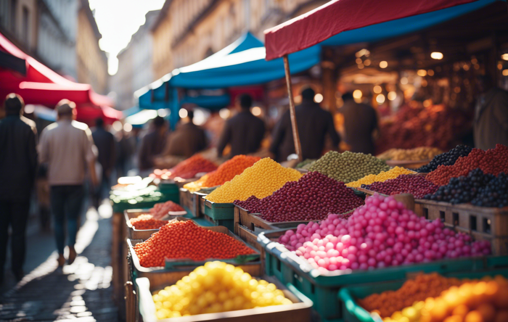 Un marché animé avec des stands colorés et des objets variés