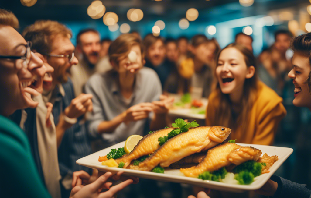 Foule joyeuse dégustant des carpes frites à Munchhouse