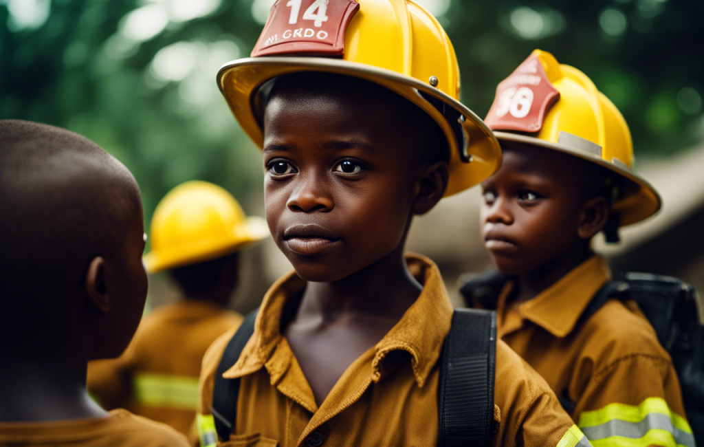 Un sapeur-pompier aide des enfants au Togo