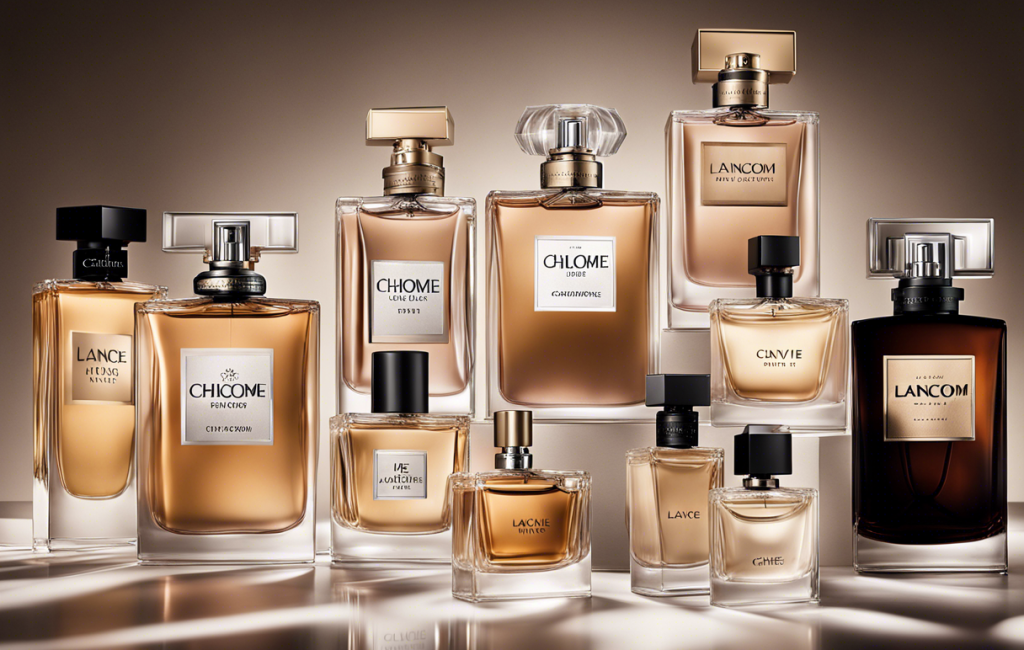 Flacon élégant de parfum féminin avec fleurs en arrière-plan