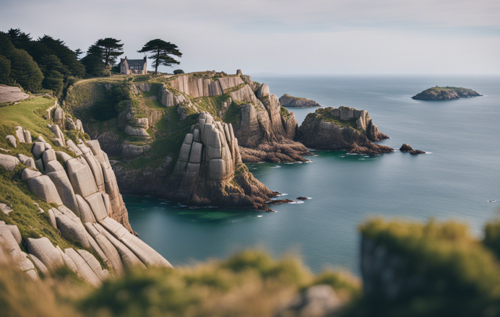 Vue panoramique des falaises de Perros-Guirec, mêlant paysages naturels et structures modernes