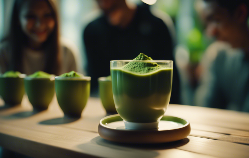 Tasse de matcha entourée de jeunes souriants