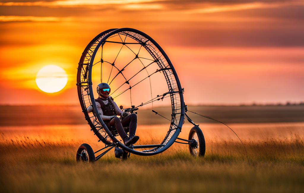 Paramoteur en vol au-dessus d'un paysage verdoyant