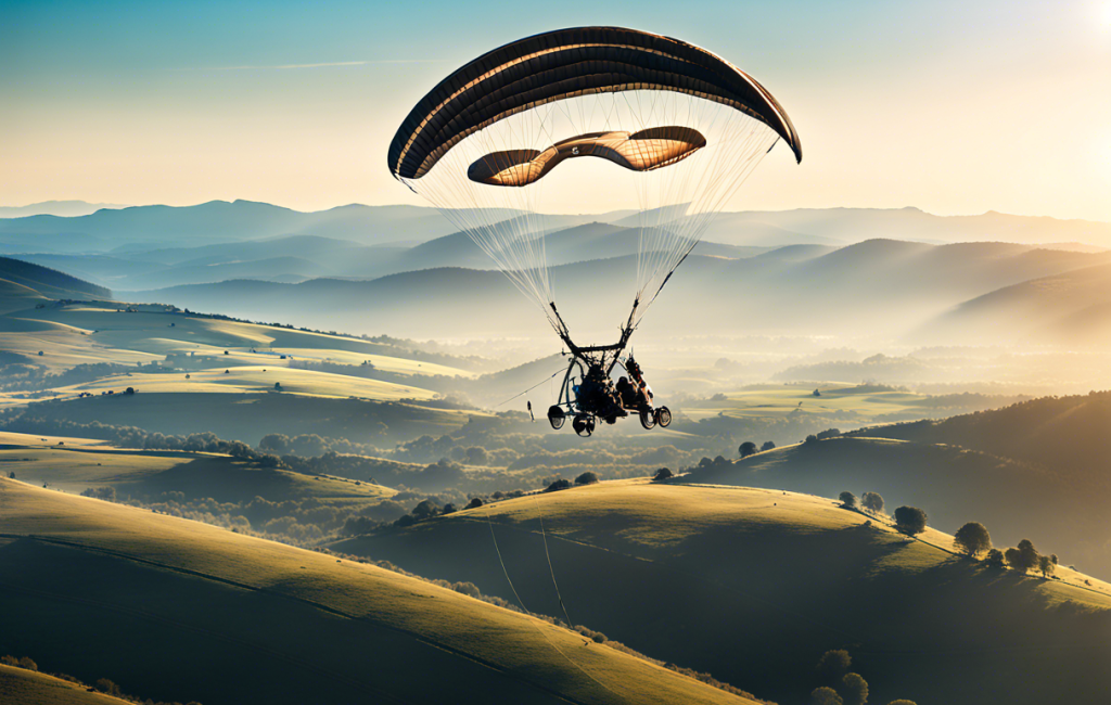 Homme en vol avec un paramoteur surplombant la vallée