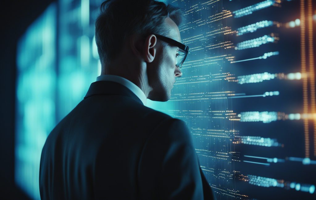 Un professionnel examine des données sur un écran futuriste