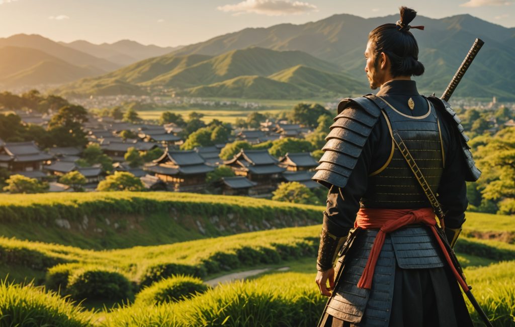 samouraïs en pleine action dans un paysage ancien