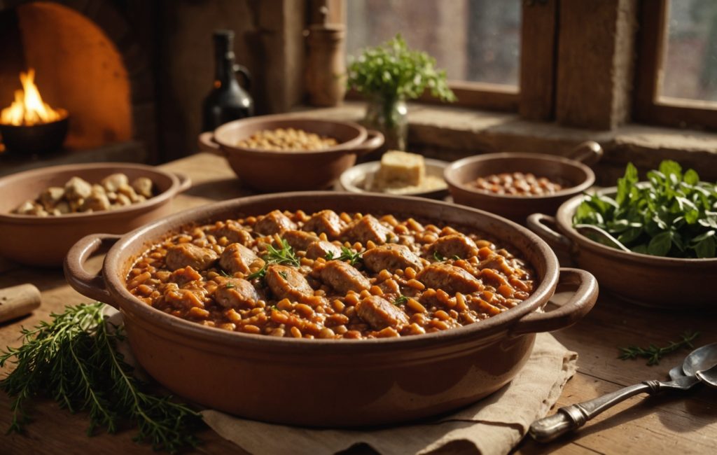 Cassoulet traditionnel garni de haricots et viandes