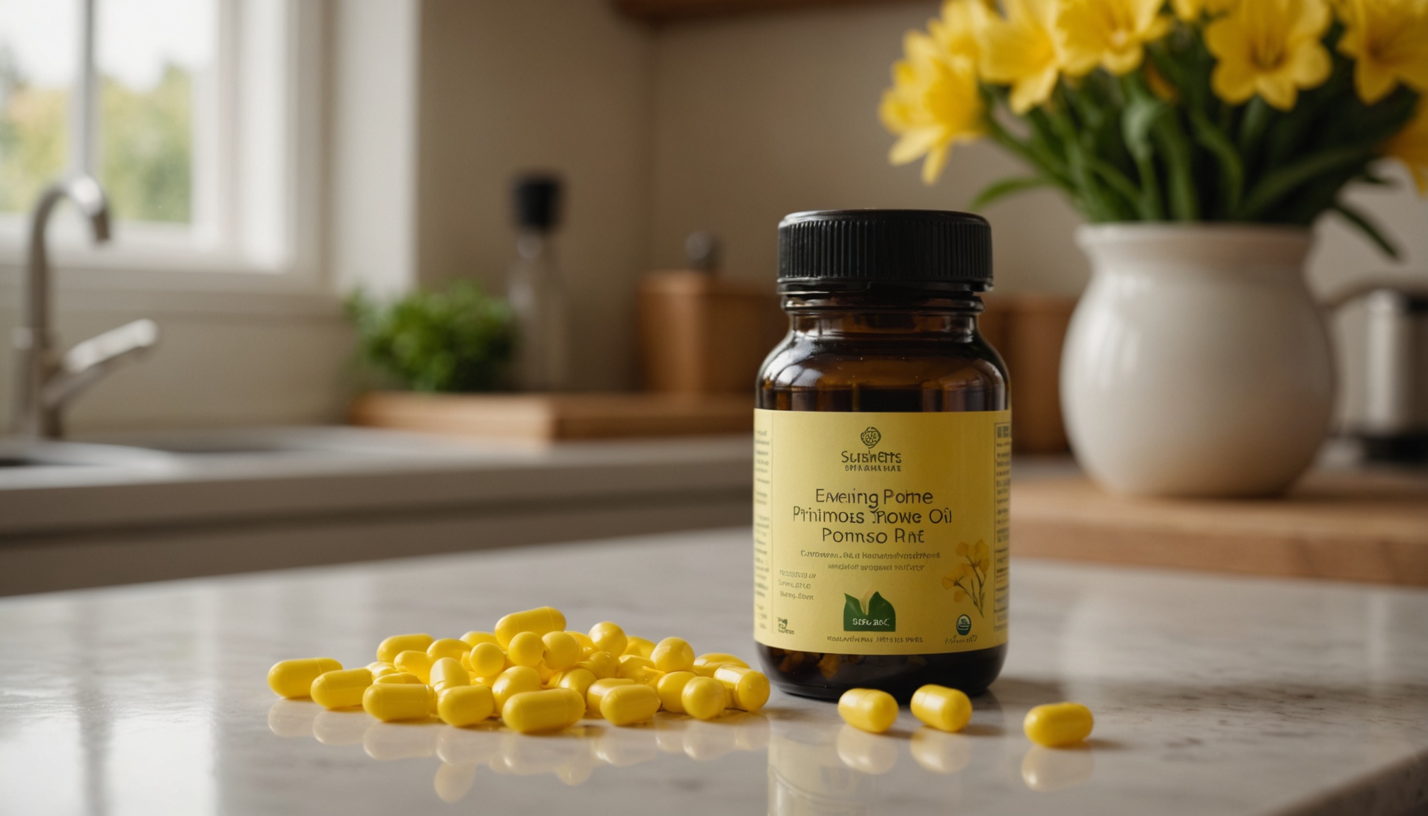 Flacon dhuile onagre sur fond naturel  
Plantes onagre et flacon au milieu de la nature