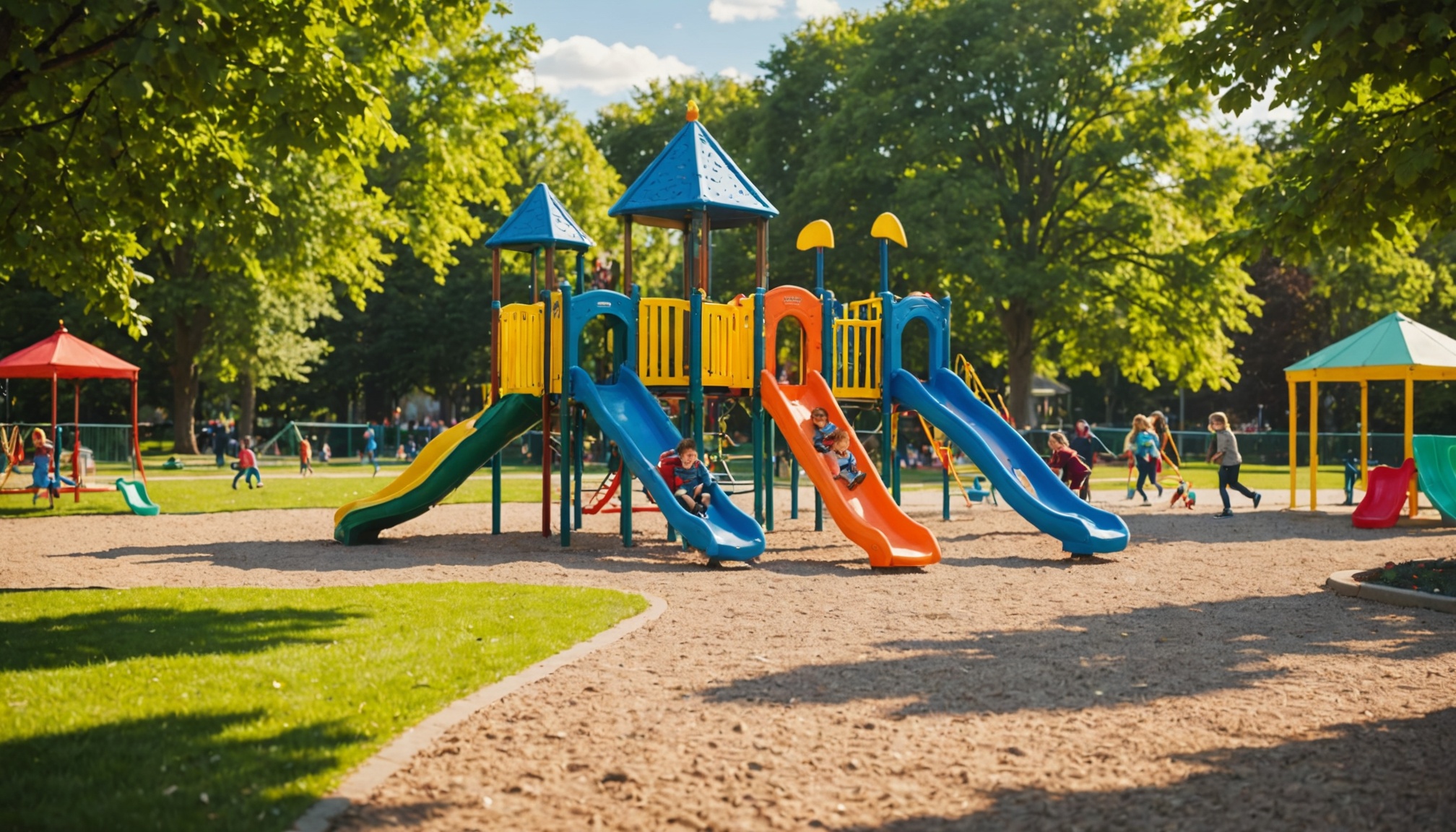 Parc d'attractions avec manèges adaptés aux enfants  
Enfant heureux découvrant les attractions familiales