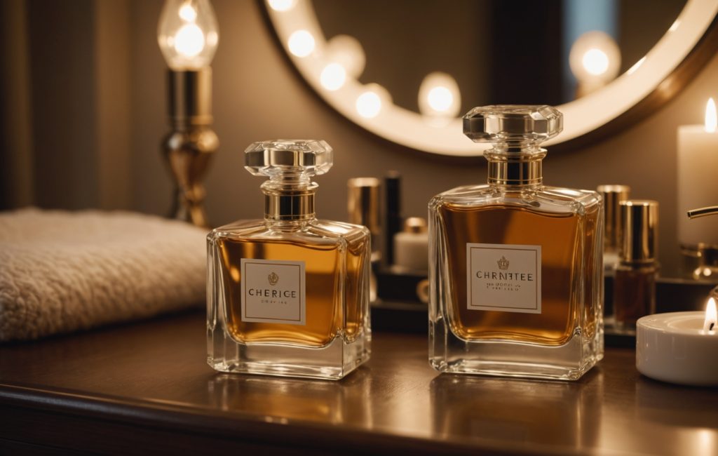 Flacon de parfum élégant sur une table ensoleillée