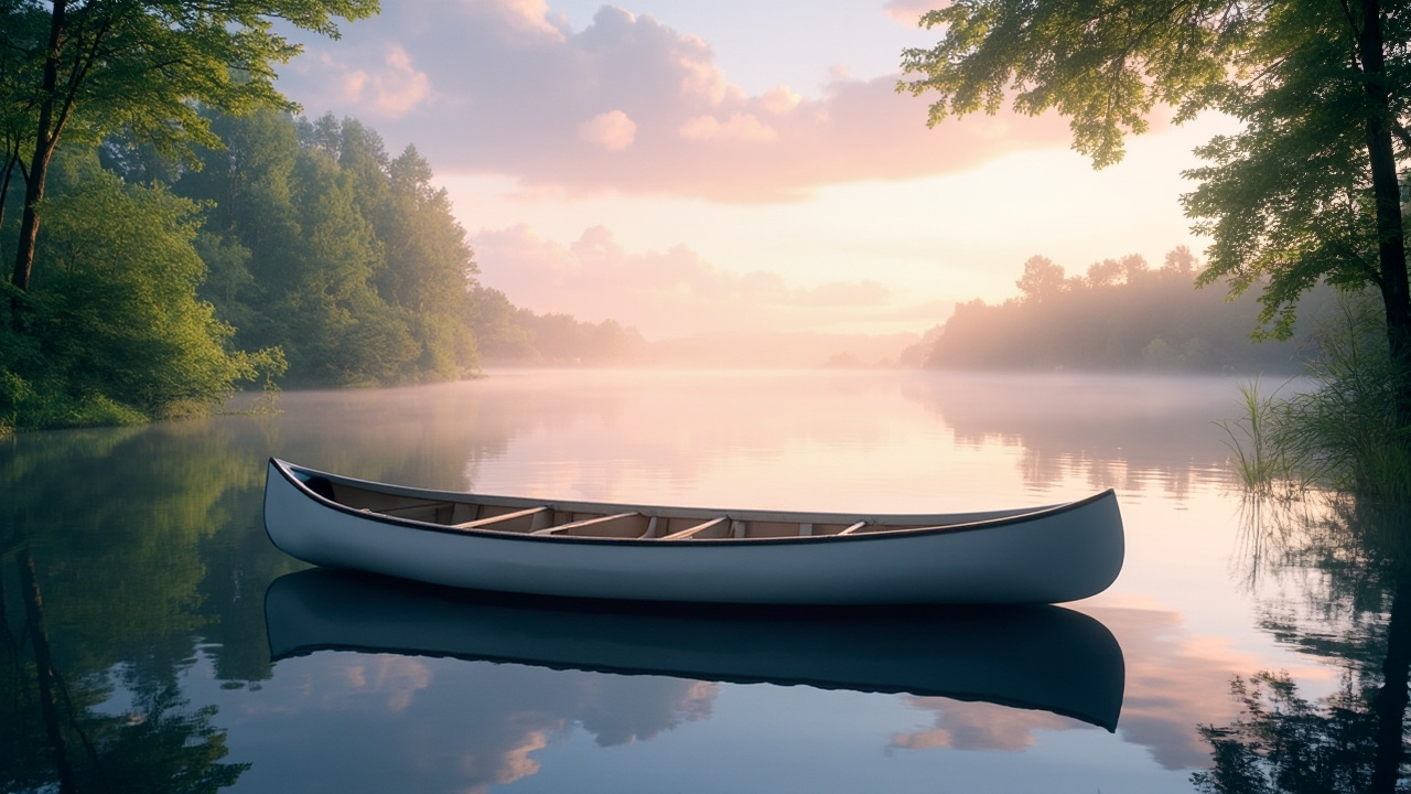canoe sur un lac calme avec des montagnes en fond  
deux personnes pagayant ensemble dans un canoë