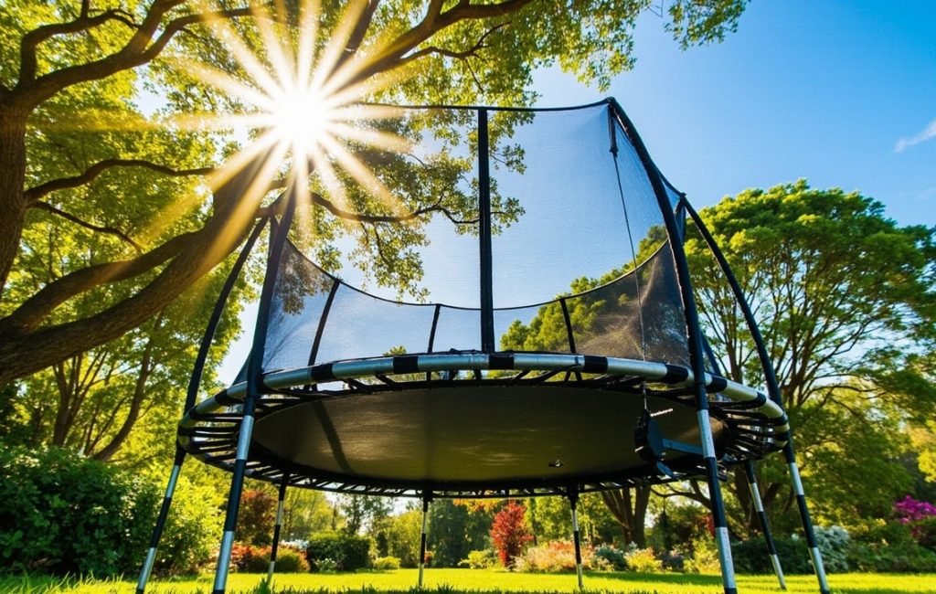trampoline de trois metres dans un jardin ensoleille