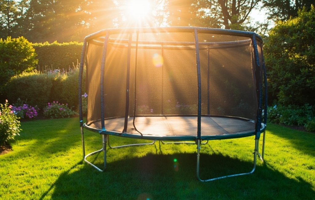 trampoline de grande taille dans un jardin ensoleill