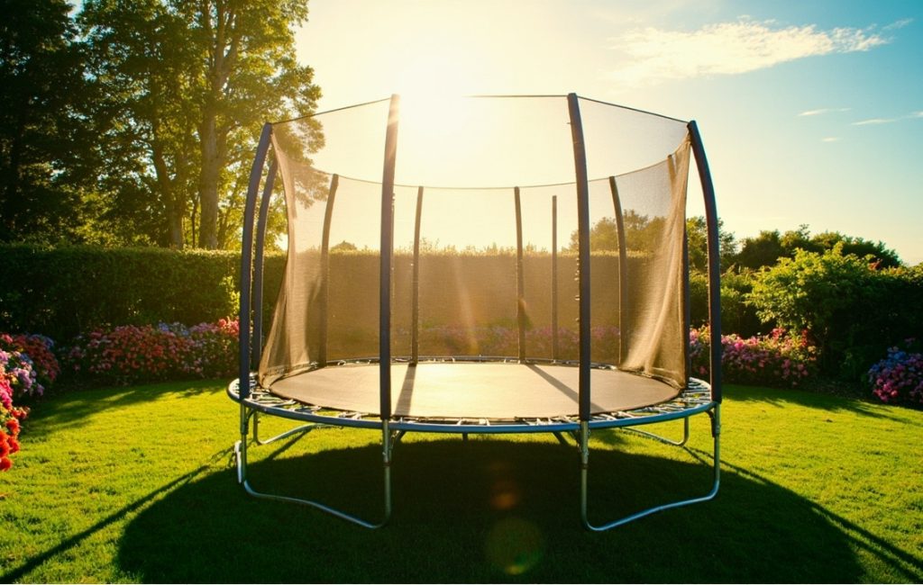 trampoline en plein air dans un jardin ensoleill