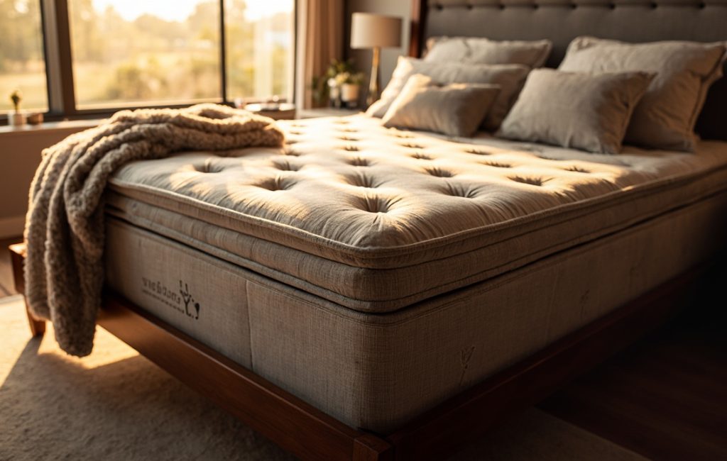 boxspring avec matelas et oreillers sur un lit