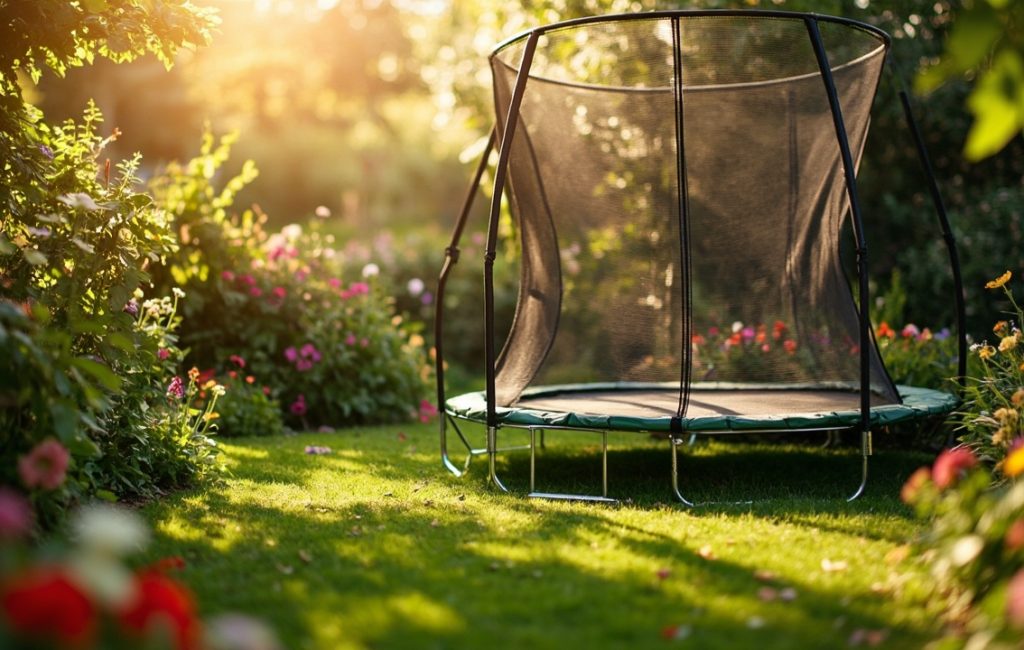 trampoline pos au sol dans un jardin verdoyant