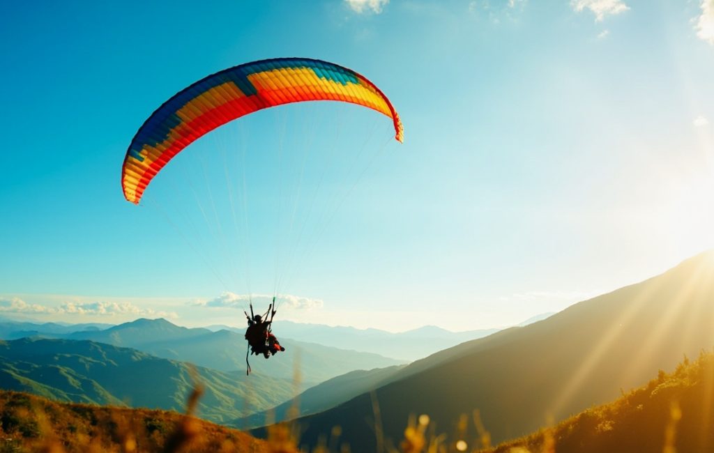 parapente en vol au-dessus des montagnes vertes