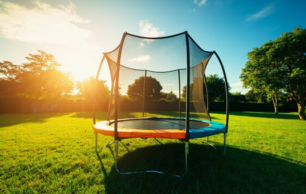 trampoline color dans un jardin ensoleill