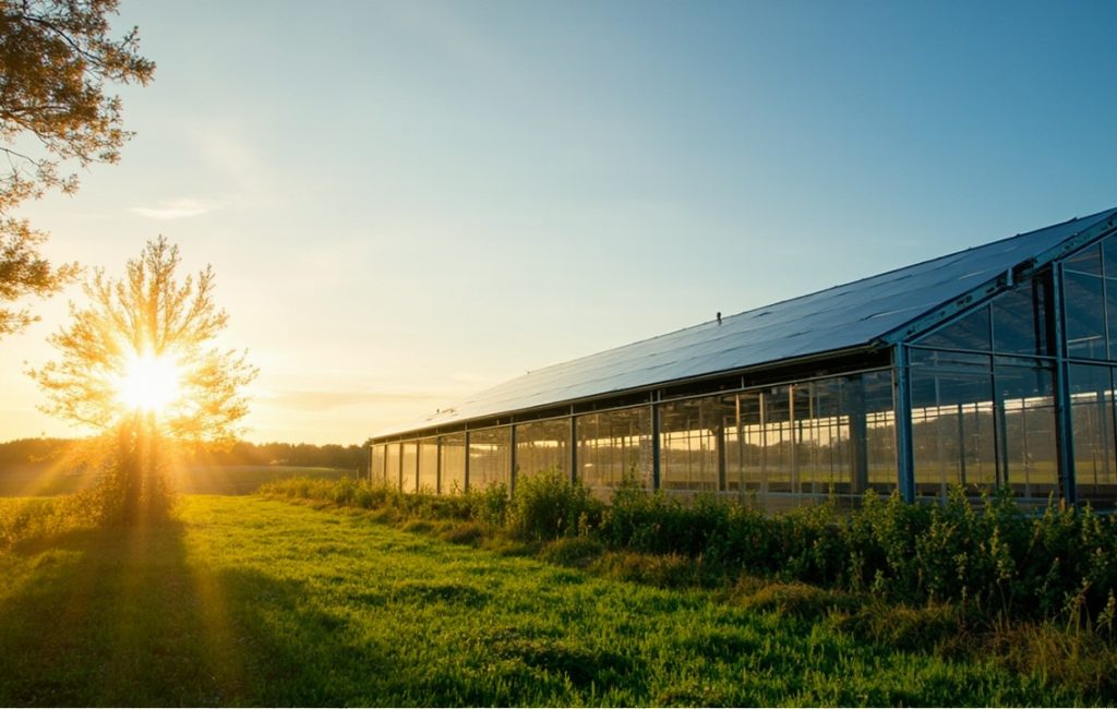 Btiment avec panneaux solaires sur le toit