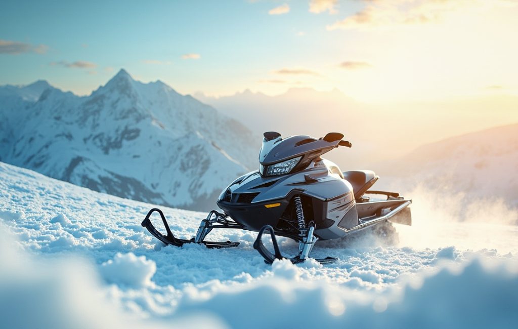 un snowscoot sur la neige avec des montagnes en fond