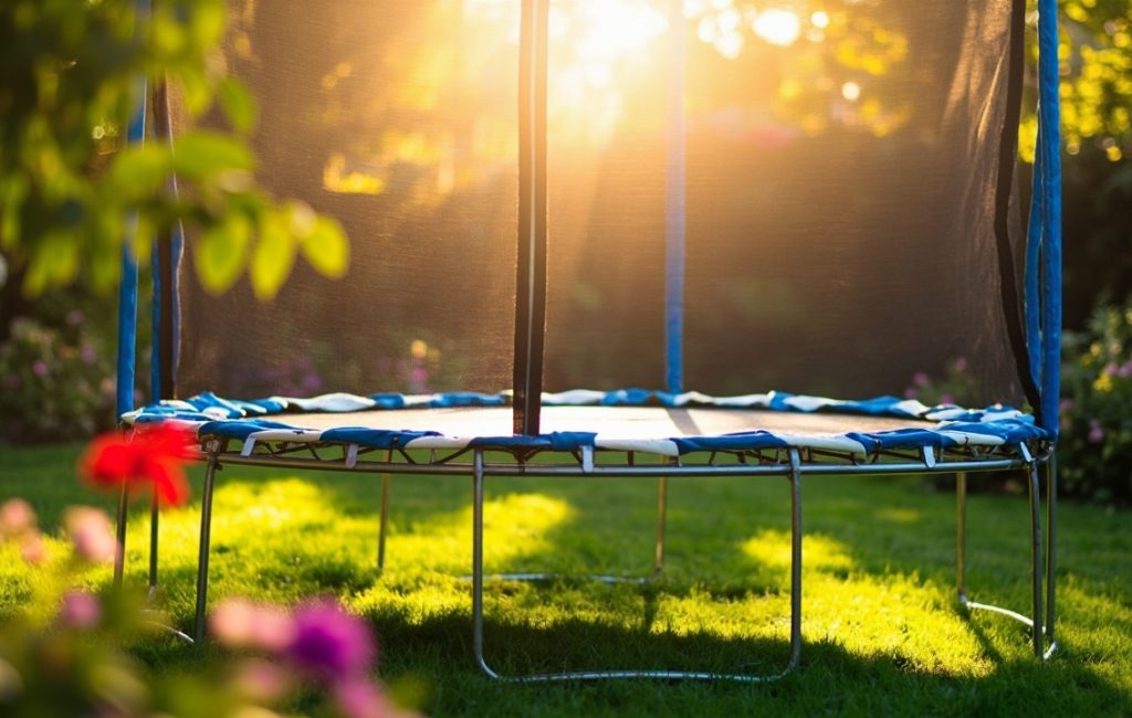trampoline de jardin avec enfants en train de sauter
