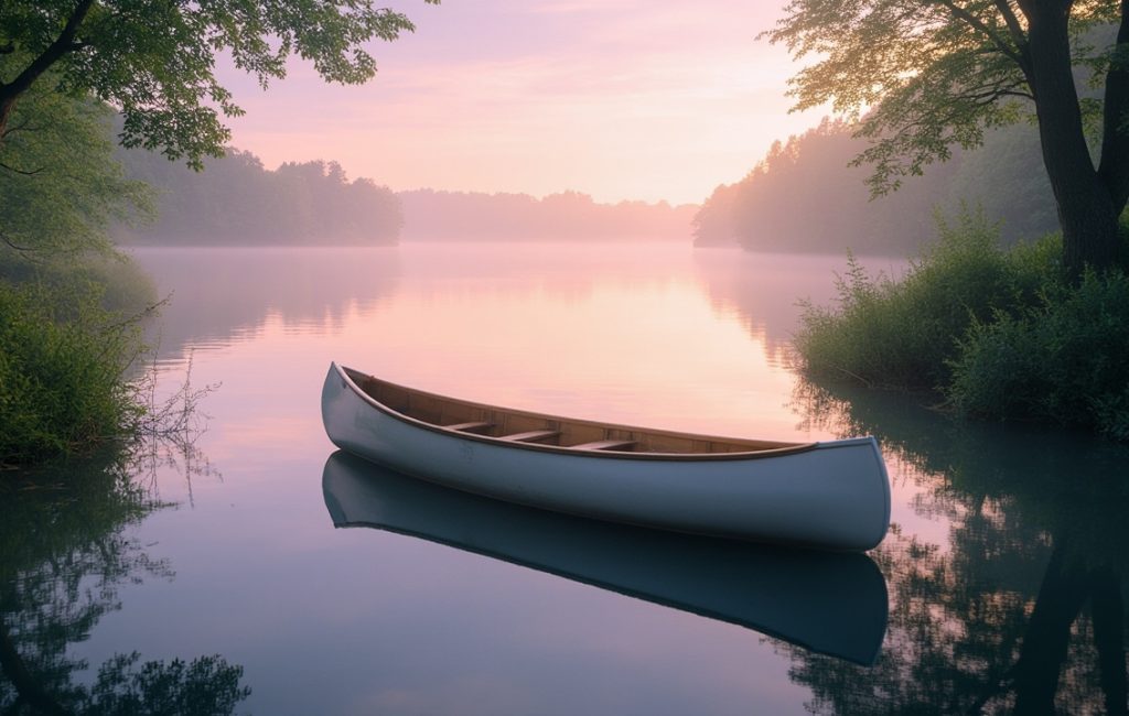 canoe sur un lac calme avec des montagnes en fond